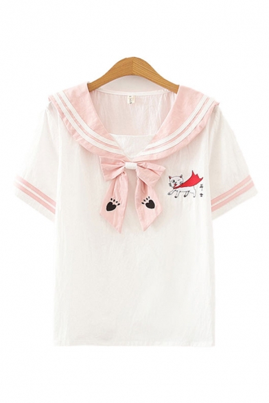 Trendy Cartoon Paw Embroidered Striped Short Sleeve Sailor Collar Bow Tied Relaxed Fit T Shirt for Girls