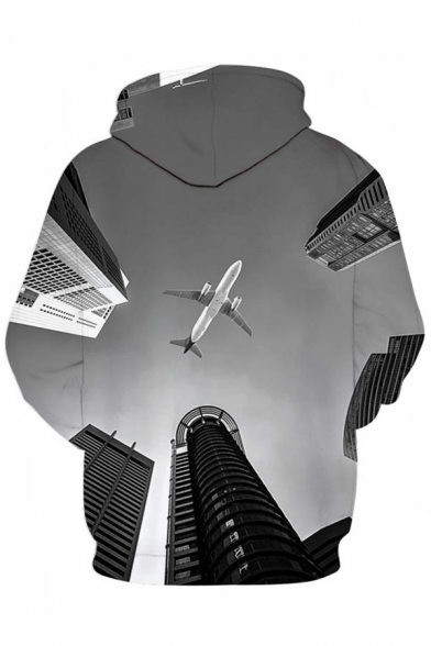 Trendy Gray 3D Plane Building Printed Pocket Drawstring Long Sleeve Regular Fitted Hooded Sweatshirt for Men