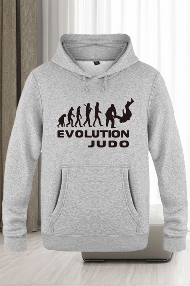 Trendy Men's Figure Letter Evolution Judo Printed Pocket Drawstring Full Sleeve Regular Fitted Graphic Hooded Sweatshirt