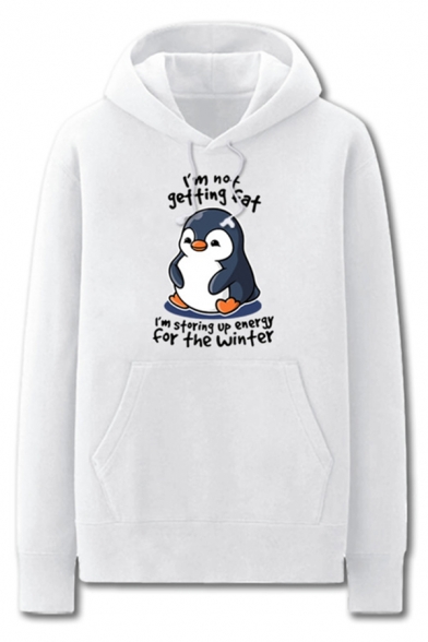 Trendy Mens Cartoon Penguin Letter I Am Not Getting Fat Printed Pocket Drawstring Long Sleeve Regular Fit Graphic Hooded Sweatshirt
