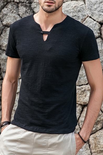 Trendy Mens Solid Color Henley Collar Short Sleeve Regular Fit T-Shirt