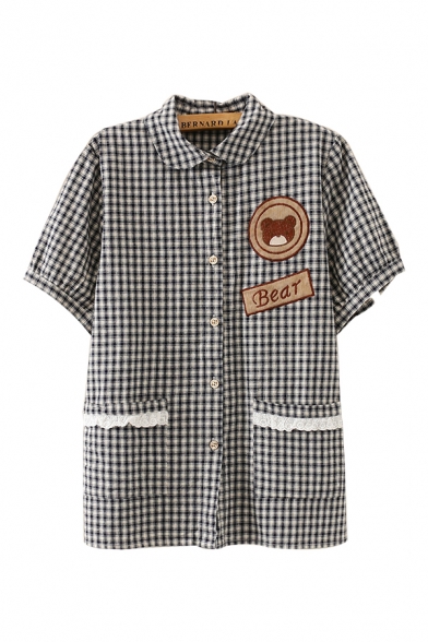 Womens Chic Gingham Letter Bear Contrast Lace Trim Button-up Turn-down Collar Short Sleeve Graphic Shirt with Pockets
