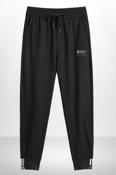 Basic Mens Black Letter Printed Drawstring Waist Ankle Length Cuffed Relaxed Fit Sweatpants