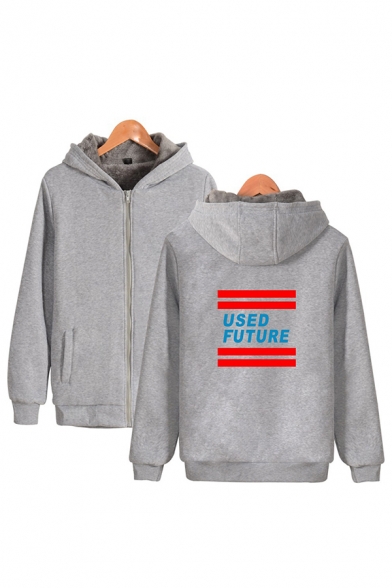 Boys Letter Used Future Stripe Graphic Long Sleeve Zipper Front Sherpa Liner Relaxed Fit Kpop Hoodie for Guys
