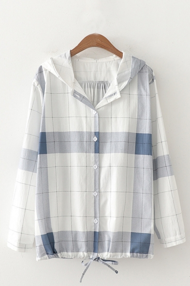 Casual Sun-protection Plaid Printed Long Sleeve Hooded Button down Drawstring Hem Relaxed Shirt Top