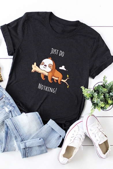 Casual Womens Letter Just Do Nothing Cartoon Graphic Rolled Short Sleeve Crew Neck Fit T Shirt