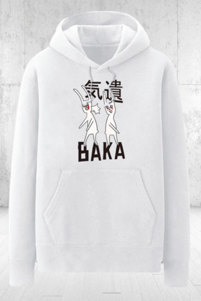 Chic Mens Cartoon Character Pattern Letter Baka Pocket Drawstring Long Sleeve Regular Fit Graphic Hooded Sweatshirt