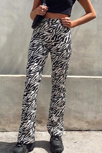 Chic Womens Zebra Print High Rise Long Length Flared Pants in Black and White