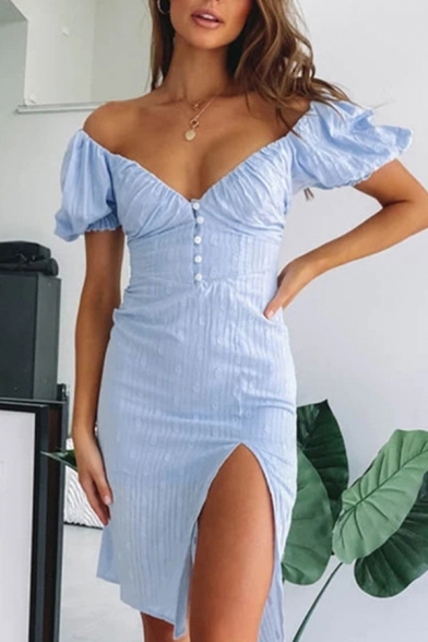 Classic Womens Blue Puff Sleeve V-neck Button up Slit Front Mid Sheath Dress