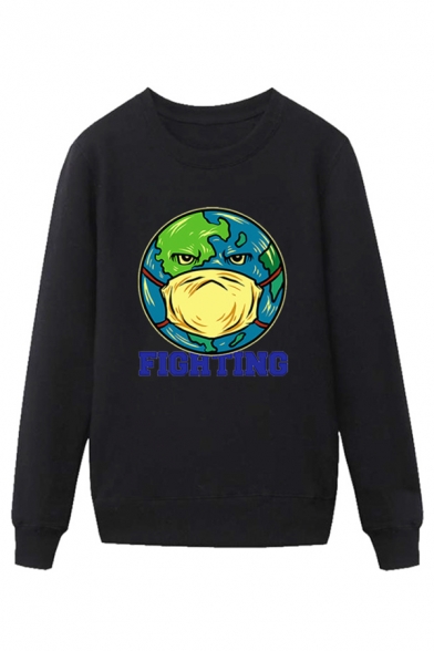 Cool Earth Mask Pattern Letter Fighting Pullover Long Sleeve Round Neck Regular Fit Graphic Sweatshirt for Men