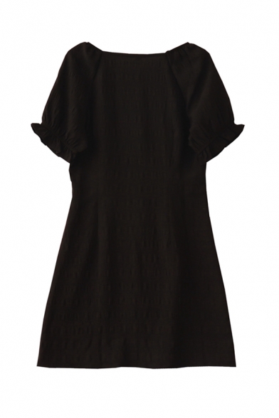 Cool Girls Black Solid Color Pleated Button Down Ruffle Trim Crew Neck Short Puff Sleeve Midi A Line Dress with Choker