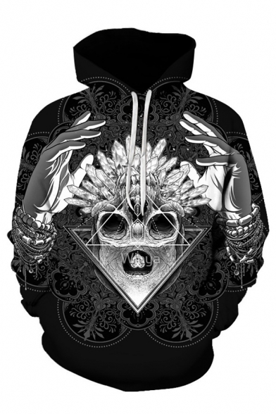 Cool Mens 3D Hand Skull Crystal Pattern Pocket Drawstring Long Sleeve Regular Fitted Hooded Sweatshirt