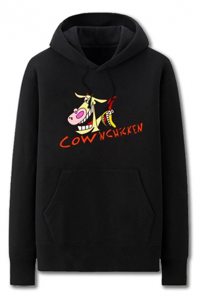 Cool Mens Cartoon Animal Letter Cow and Chicken Printed Pocket Drawstring Long Sleeve Regular Fit Graphic Hooded Sweatshirt