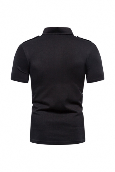 Cool Mens Solid Color Flap Pocket Button Short Sleeve Turn-down Collar Regular Fitted Polo Shirt