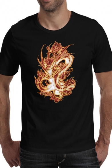 Cool Mens T-Shirt Dragon Print Regular Fitted Round Neck Short Sleeve T-Shirt