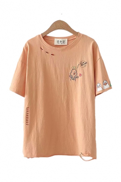 Cute Girls Chicken Embroidered Ripped Short Sleeve Round Neck Relaxed Fit T Shirt