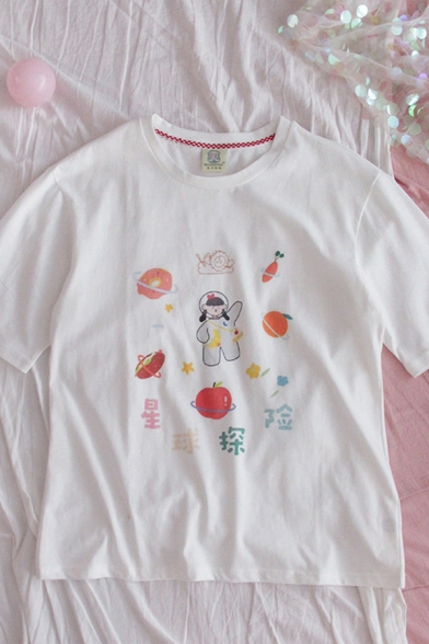 Cute Summer Chinese Letter Mix Cartoon Printed Crew Neck Short Sleeve Loose Fit Graphic Tee for Girls