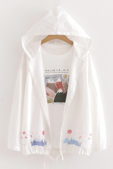 

Fancy Girls Cartoon Printed Long Sleeve Button up Drawstring Hem Sun-protection Loose Fit Jacket, Blue;white, LC640201