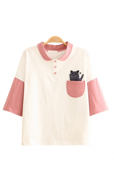 Fancy Girls Pocket Cat Embroidered Contrasted 3/4 Sleeves Turn down Collar Button up Relaxed Polo Shirt