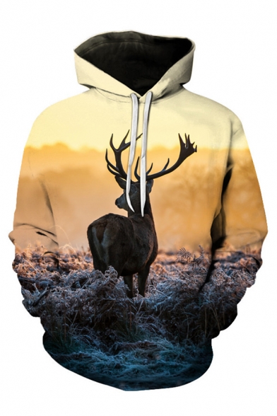 Fancy Mens 3D Deer Landscape Pattern Pocket Drawstring Long Sleeve Regular Fit Hooded Sweatshirt