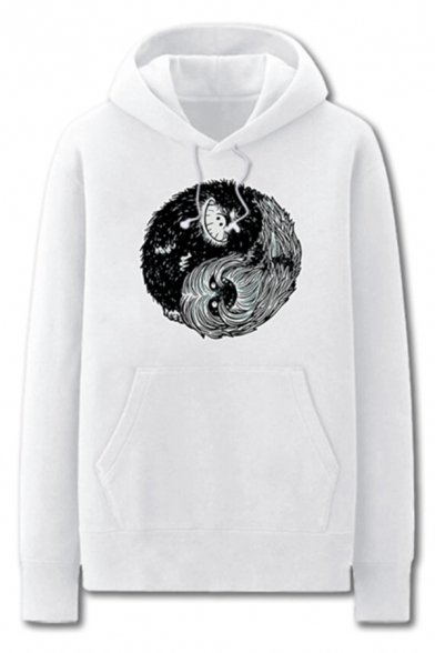 Fancy Mens Tai Ji Diagram Skull Pattern Pocket Drawstring Long Sleeve Regular Fit Hooded Sweatshirt