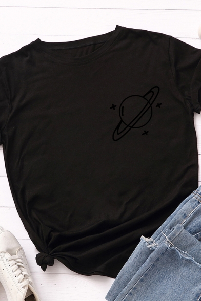 Fancy Planet Print Rolled Short Sleeve Crew Neck Slim Fit T-shirt