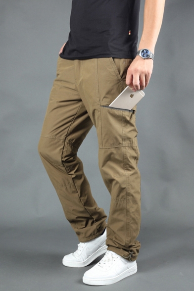 Fashion Pants Plain Zip Fly Button Pockets Straight Fit Full Length Chino Pants for Men