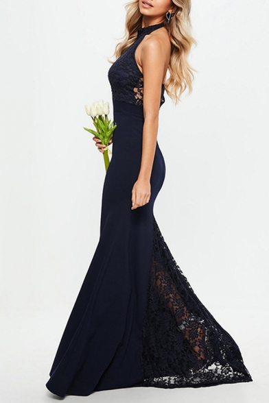 Formal Womens Solid Color Sleeveless Halter Backless Sheer Lace Maxi Fishtail Gown in Navy