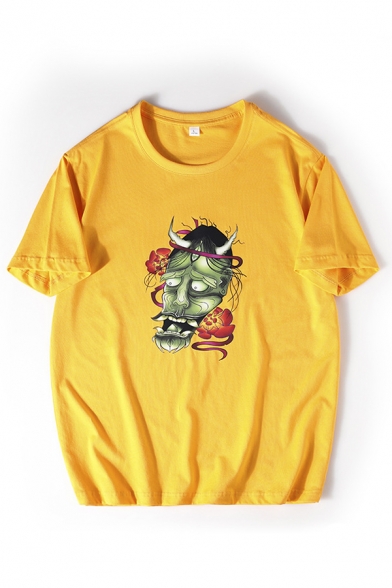 Funny Devil Floral Pattern Short Sleeve Round Neck Oversize T-Shirt for Men