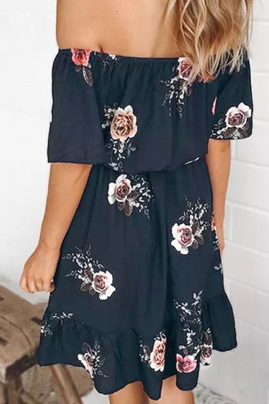 Gorgeous Ladies Allover Flower Print Short Sleeve Off the Shoulder Ruffled Mini Pleated A-line Dress