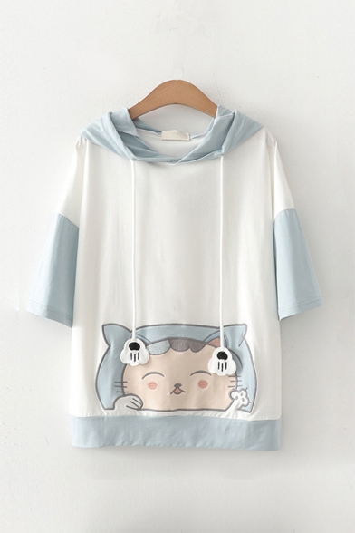 Hot Popular Womens Color Block Cartoon Cat Face Embroidery Printed Drawstring Hooded Short Sleeve Relaxed Fit Hoodie