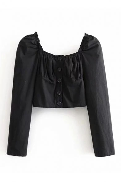 Ladies Amazing Long Sleeve Off the Shoulder Button up Ruched Fit Black Tee