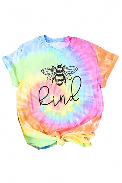 Leisure Cartoon Bee Letter Kind Tie Dye Graphic Rolled Short Sleeve Crew Neck Regular Fit T Shirt in Pink