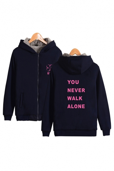 Leisure Sherpa Liner Letter You Never Walk Alone Printed Long Sleeve Zipper Front Relaxed Hoodie for Guys
