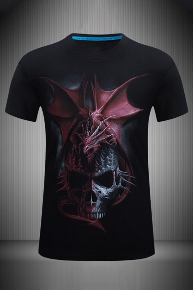 Mens 3D Fashionable Dragon Skull Pattern Crew Neck Short Sleeve Slim Fit T-Shirt
