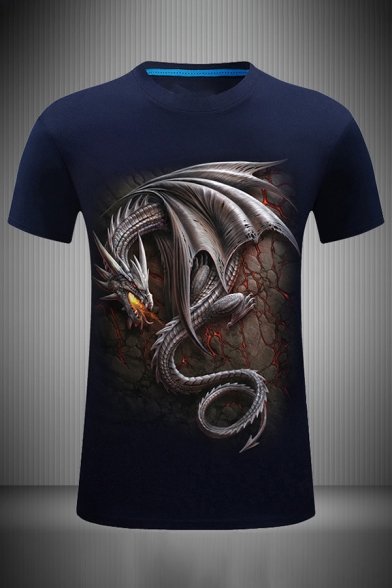 Mens Creative 3D Dragon Pattern Slim Fitted Round Neck Short Sleeve T-Shirt
