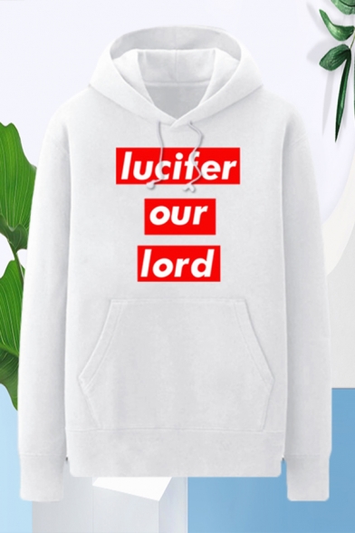 Popular Mens Letter Lucifer Our Lord Printed Pocket Drawstring Long Sleeve Regular Fit Hooded Sweatshirt