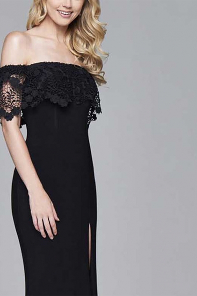 

Popular Womens Lace Panel Off the Shoulder Maxi Fishtail Cocktail Dress in Black, LM656929