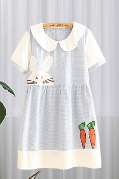 Preppy Looks Rabbit Carrot Embroidered Contrasted Short Sleeve Peter Pan Collar Short Pleated Swing Dress