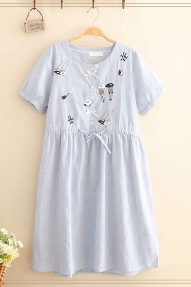 Pretty Blue Mixed Cartoon Embroidered Striped Printed Short Sleeve Round Neck Drawstring Waist Short Pleated Swing Dress for Girls