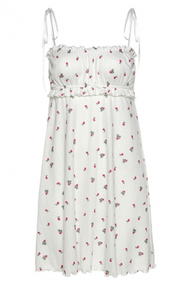 Pretty Ditsy Floral Printed Bow Tied Shoulder Ruched Stringy Selvedge Mini A-line Cami Dress in White
