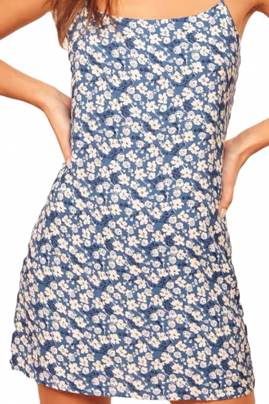 Pretty Womens Ditsy Floral Printed Spaghetti Straps Mini A-line Cami Dress in Light Blue