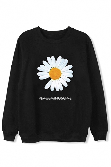 Simple Letter Daisy Floral Graphic Long Sleeve Round Neck Loose Pullover Sweatshirt in Black