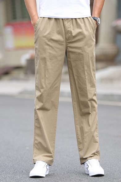 Simple Solid Color Zipper Pocket Straight Fitted Full Length Chinos Trousers for Men