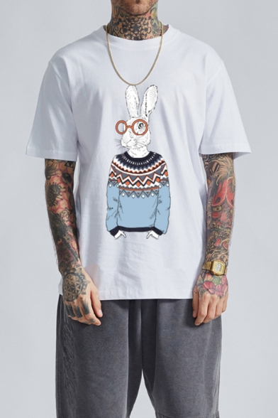 Simple T-Shirt Rabbit Glasses Pattern Short Sleeve Round Neck Regular Fit T-Shirt for Men