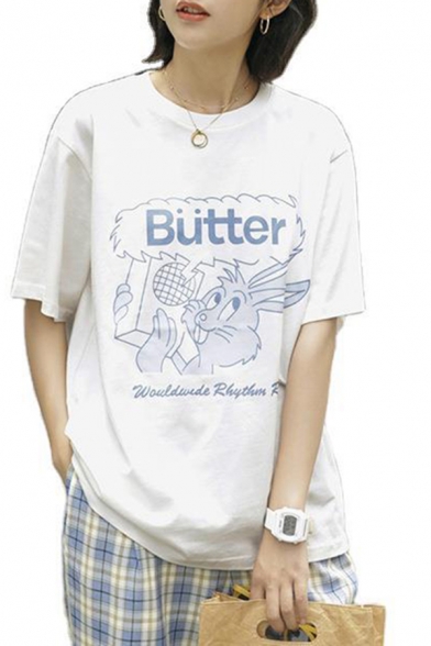 Simple White Letter Butter Cartoon Rabbit Graphic Short Sleeve Crew Neck Loose T Shirt for Girls