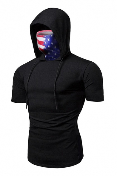 Sportive Men's Solid Color Drawstring Hooded Short Sleeve Slim Fit T-Shirt with Mask