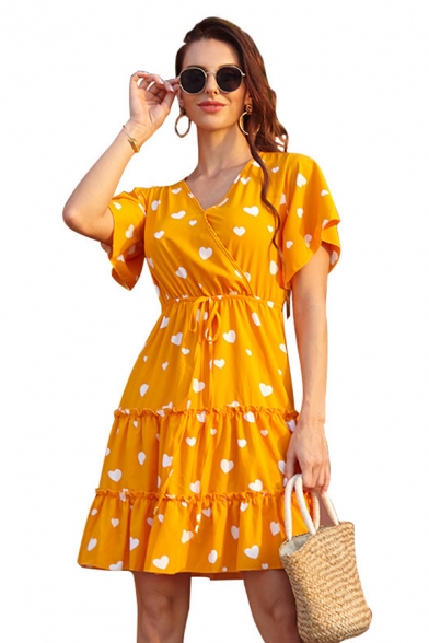 Stylish Girls Allover Heart Print Short Sleeve Surplice Neck Drawstring Waist Ruffled Short Pleated A-line Dress in Yellow