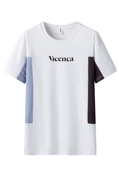 Stylish Guys Letter Vicenca Printed Contrasted Short Sleeve Crew Neck Relaxed T Shirt