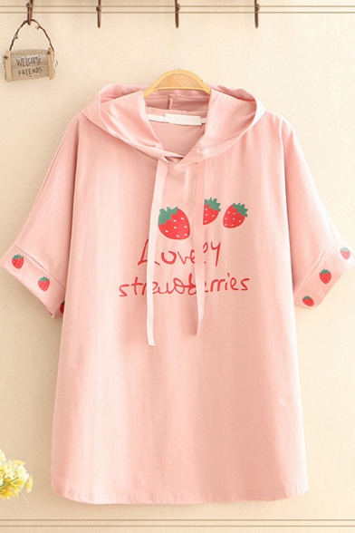 Stylish Letter Lovely Strawberries Cartoon Strawberry Graphic Short Sleeve Drawstring Hooded Relaxed Fit T Shirt